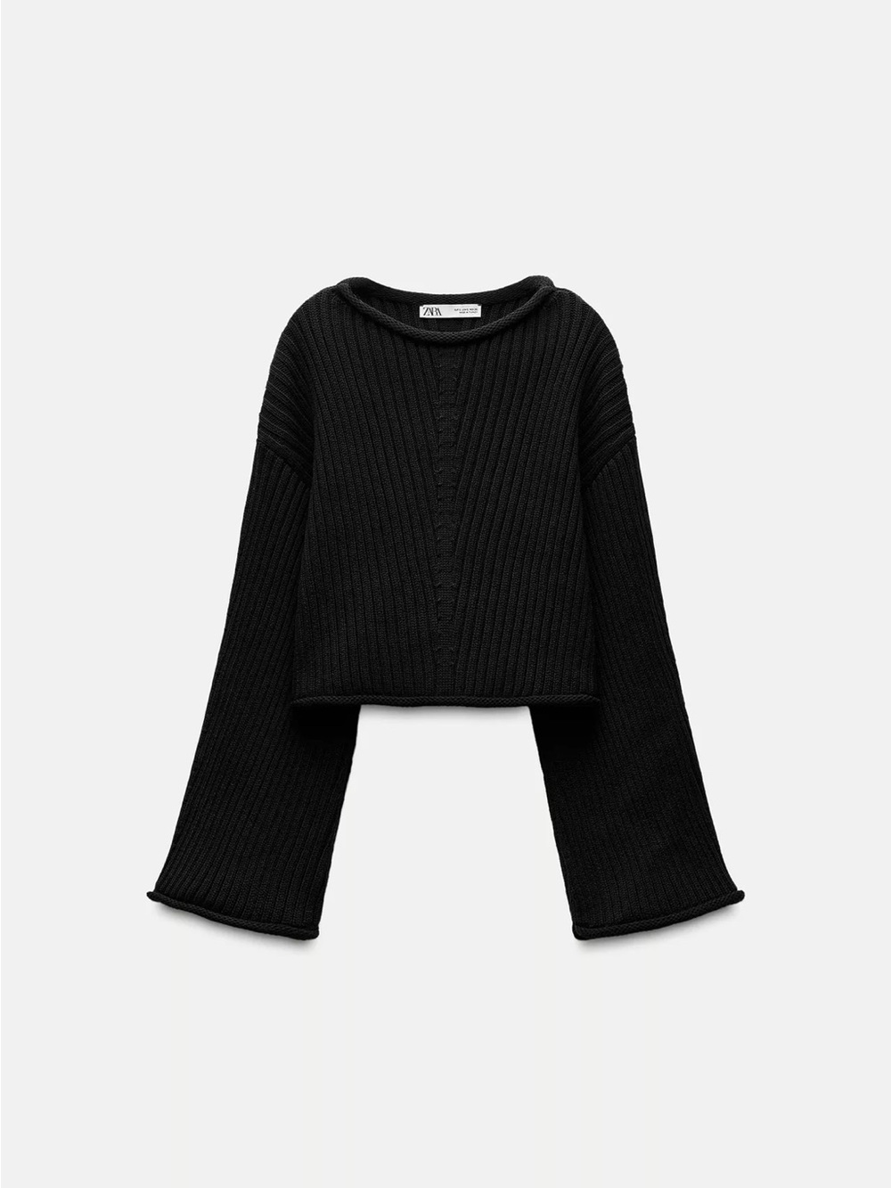 Zara Black Ribbed Cropped Sweater with Flared Sleeves